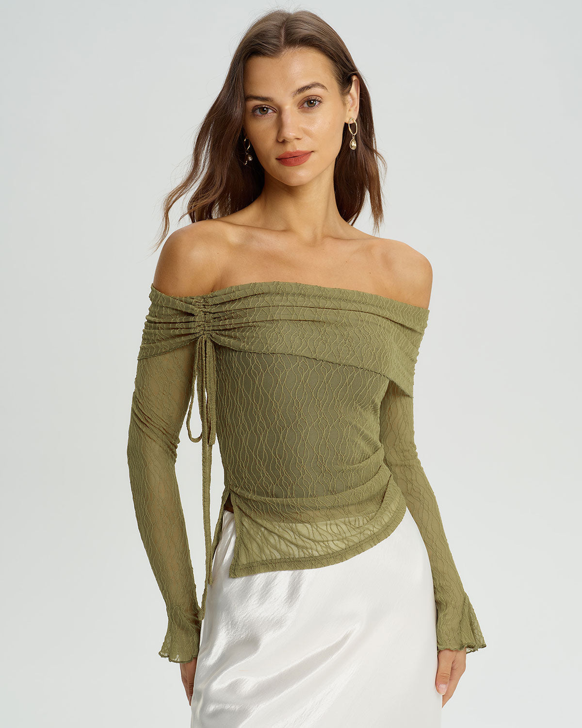 Green Off The Shoulder Bell Sleeve Tee