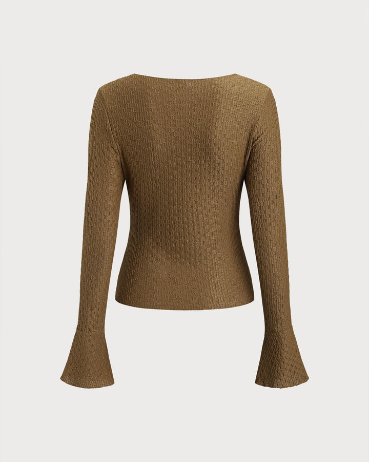 Brown Boat Neck Bell Sleeve Knit Tee - Celestia Couture