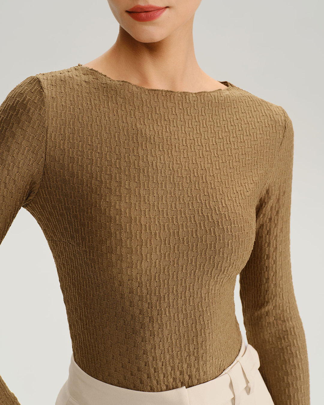 Brown Boat Neck Bell Sleeve Knit Tee - Celestia Couture