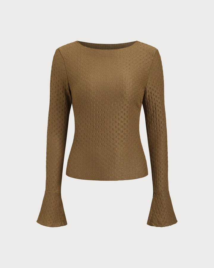 Brown Boat Neck Bell Sleeve Knit Tee - Celestia Couture