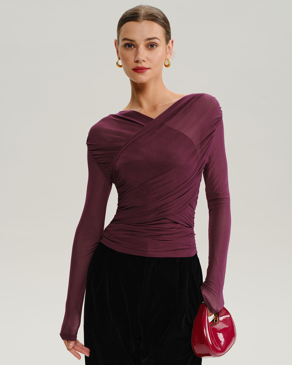 Wine Red V Neck Slim Mesh Tee