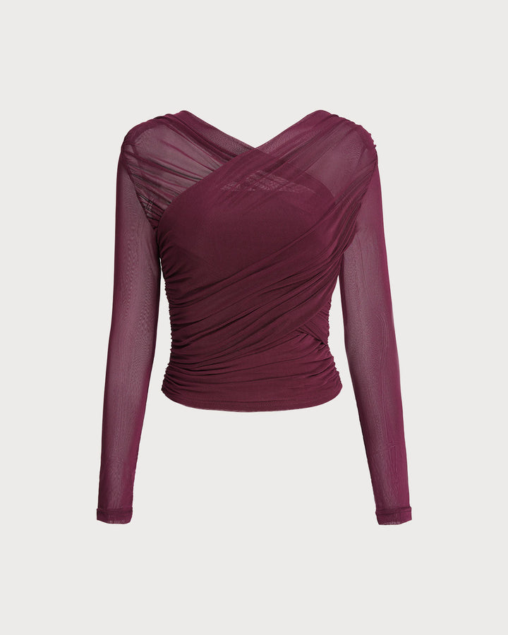 Wine Red V Neck Slim Mesh Tee