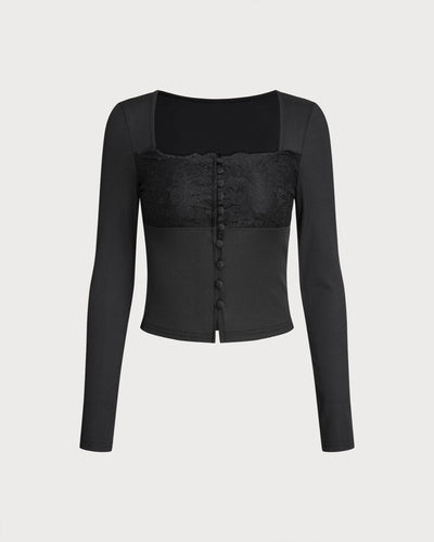 Black Square Neck Button Slim Tee