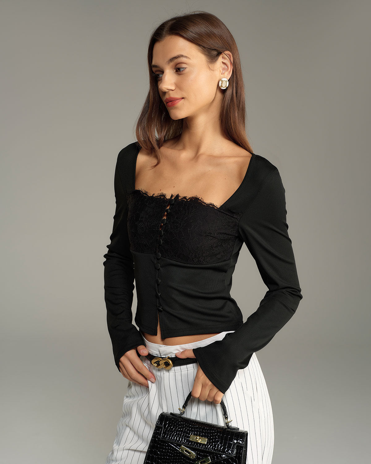 Black Square Neck Button Slim Tee