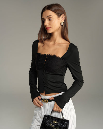 Black Square Neck Button Slim Tee