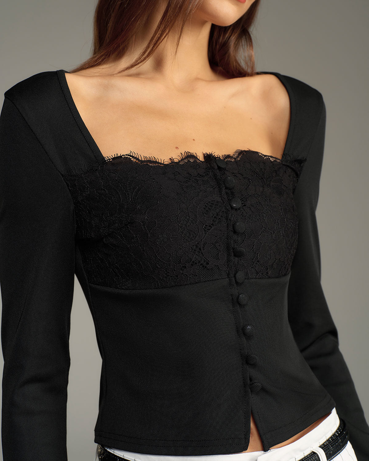 Black Square Neck Button Slim Tee