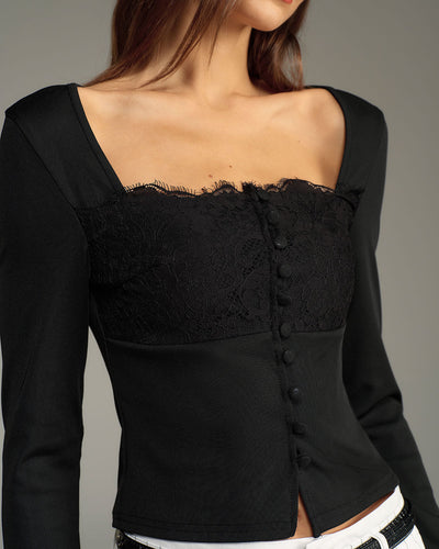 Black Square Neck Button Slim Tee