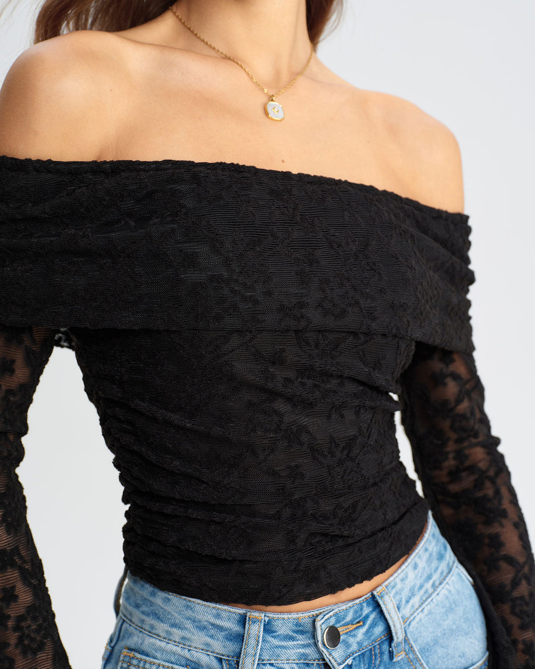 Black Lace Off The Shoulder Tee - Celestia Couture