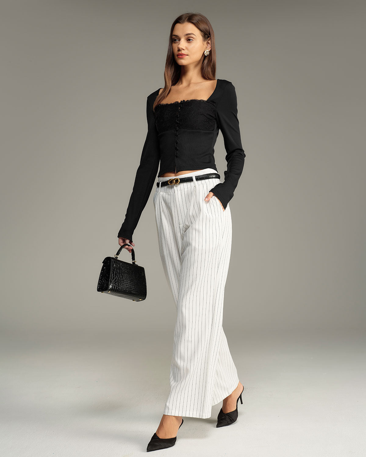 Black Square Neck Button Slim Tee