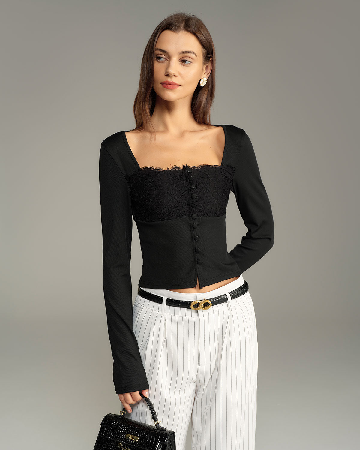 Black Square Neck Button Slim Tee