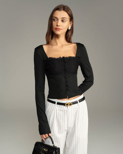 Black Square Neck Button Slim Tee