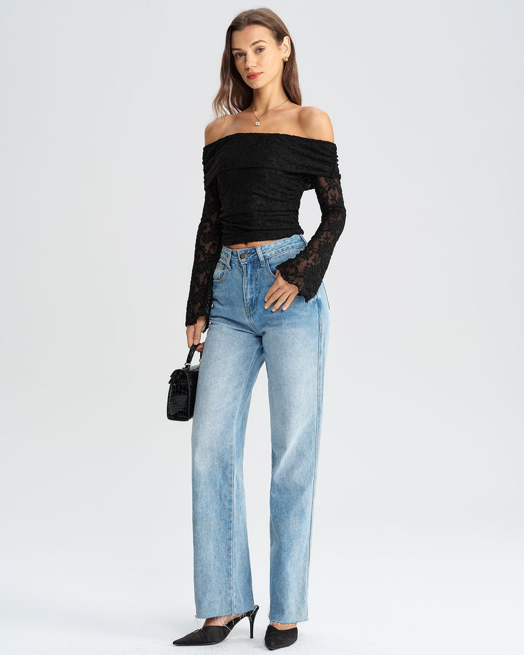 Black Lace Off The Shoulder Tee - Celestia Couture
