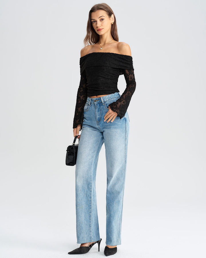 Black Lace Off The Shoulder Tee - Celestia Couture