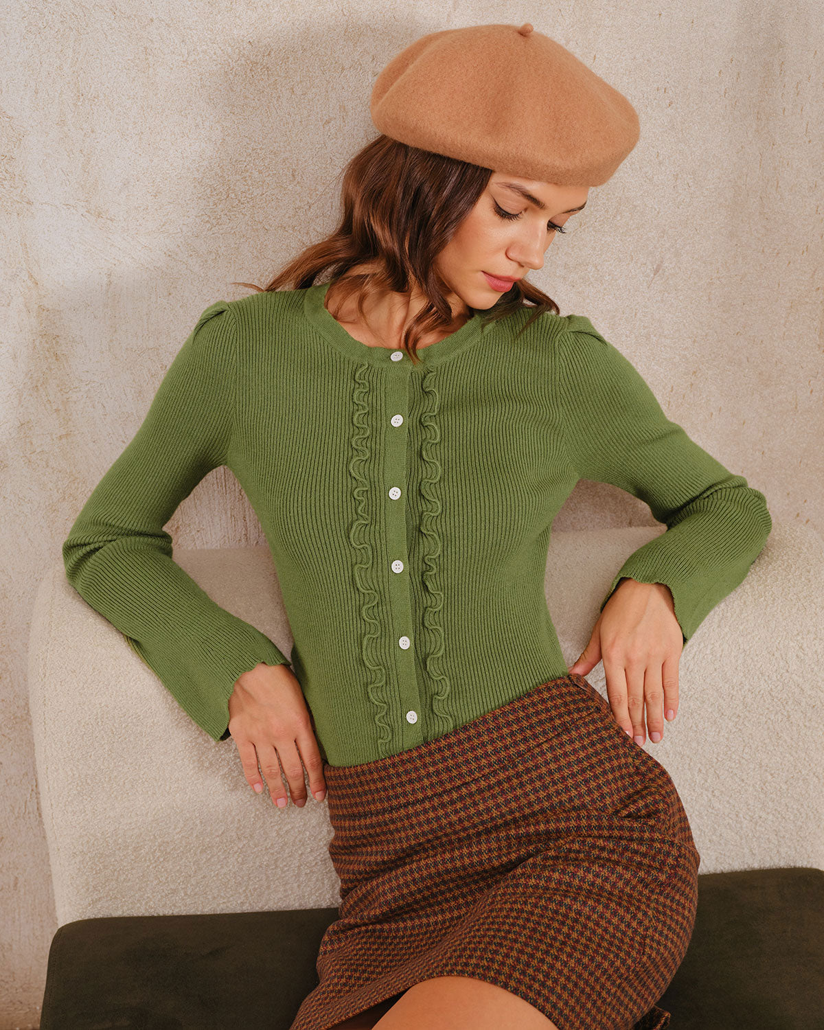 Green Bell Sleeve Button Knit Cardigan