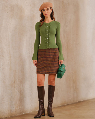 Green Bell Sleeve Button Knit Cardigan