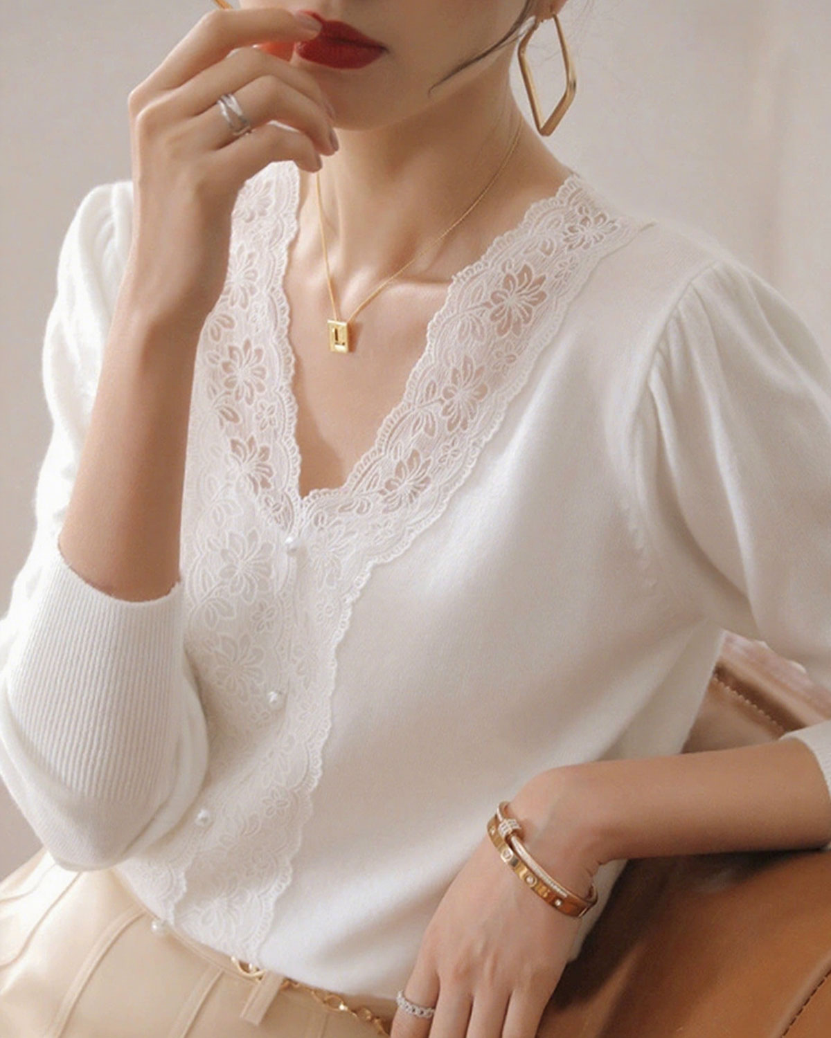 White V Neck Pearl Button Sweater