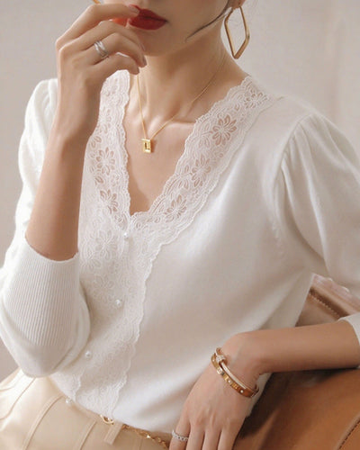 White V Neck Pearl Button Sweater