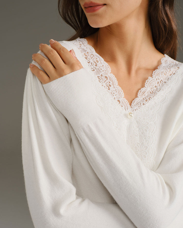 White V Neck Pearl Button Sweater - Celestia Couture