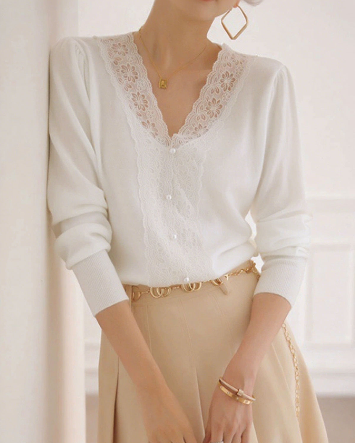 White V Neck Pearl Button Sweater