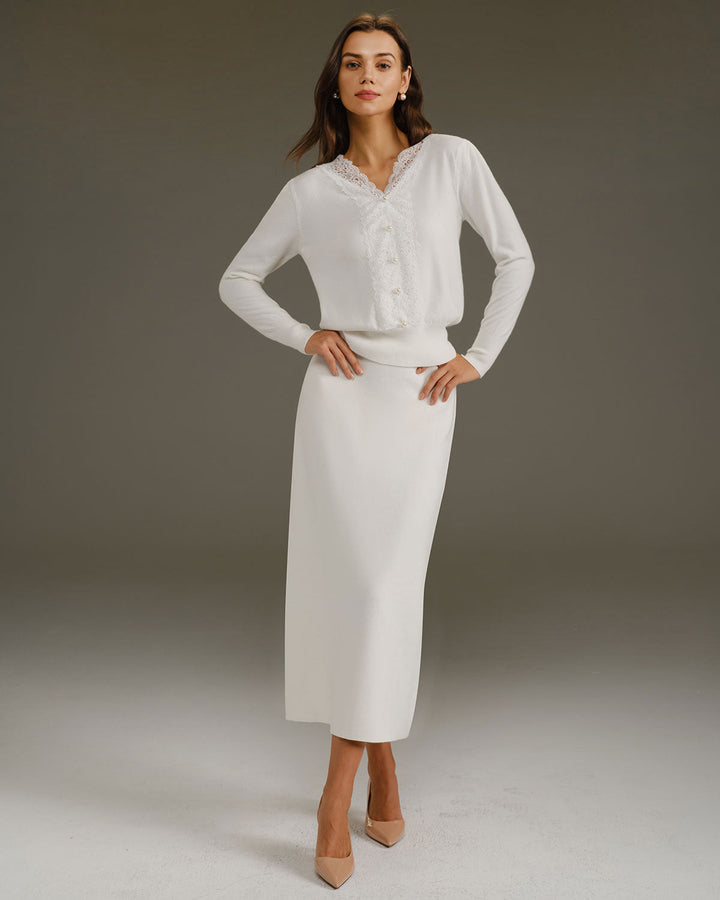 White V Neck Pearl Button Sweater - Celestia Couture