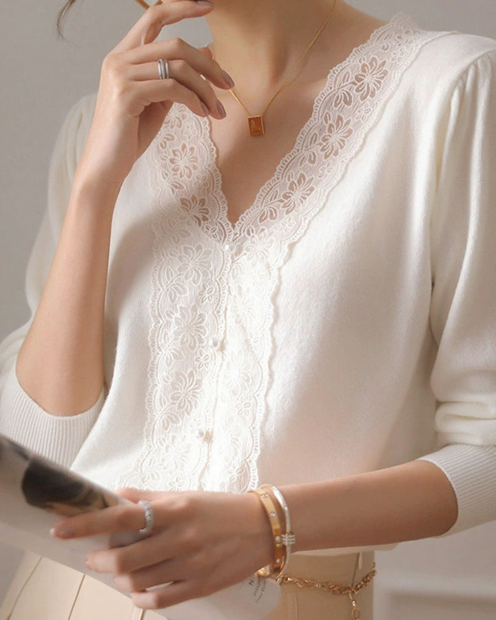 White V Neck Pearl Button Sweater - Celestia Couture