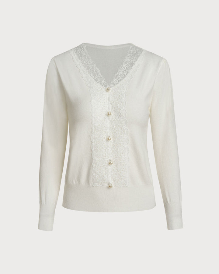 White V Neck Pearl Button Sweater - Celestia Couture
