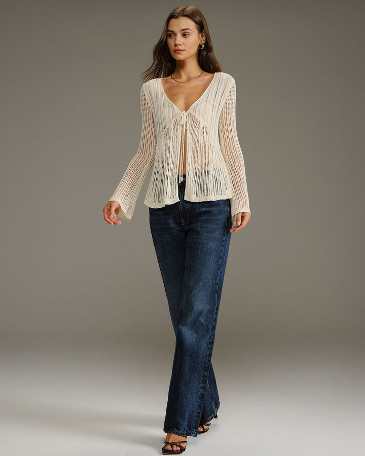 Beige V Neck Bell Sleeve Cardigan - Celestia Couture