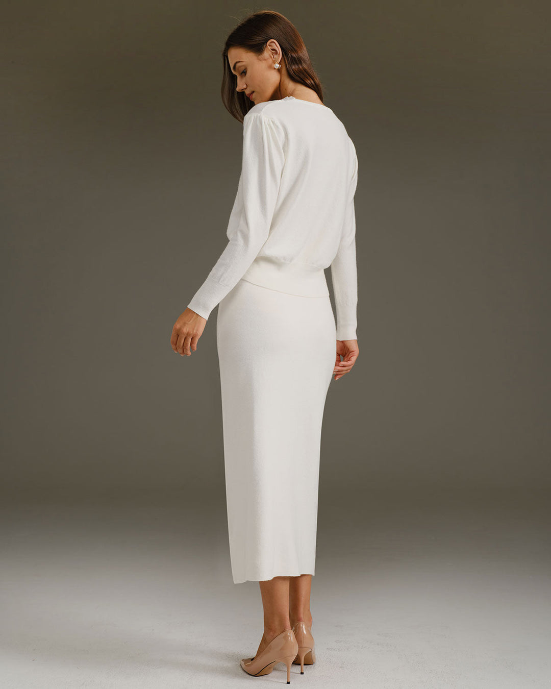 White V Neck Pearl Button Sweater - Celestia Couture