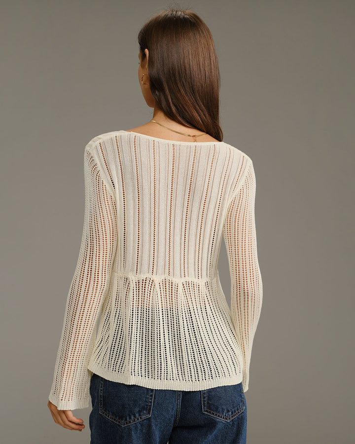 Beige V Neck Bell Sleeve Cardigan - Celestia Couture