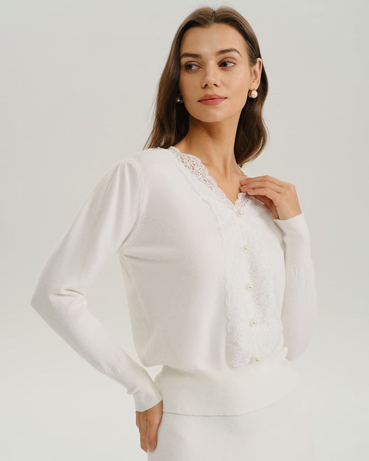 White V Neck Pearl Button Sweater - Celestia Couture