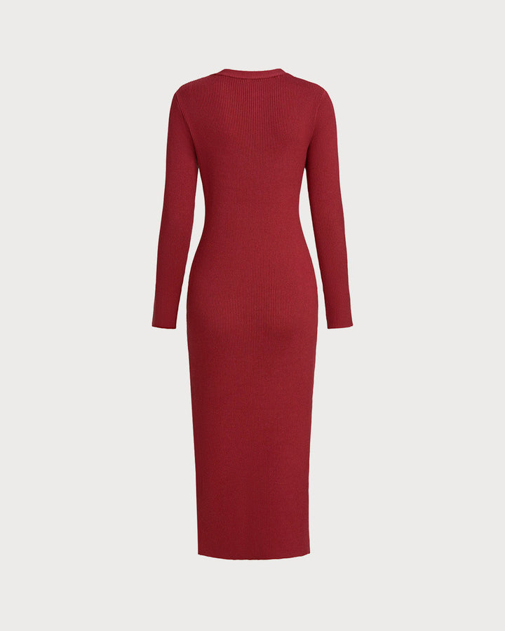 Wine Red V Neck Button Sweater Dress
