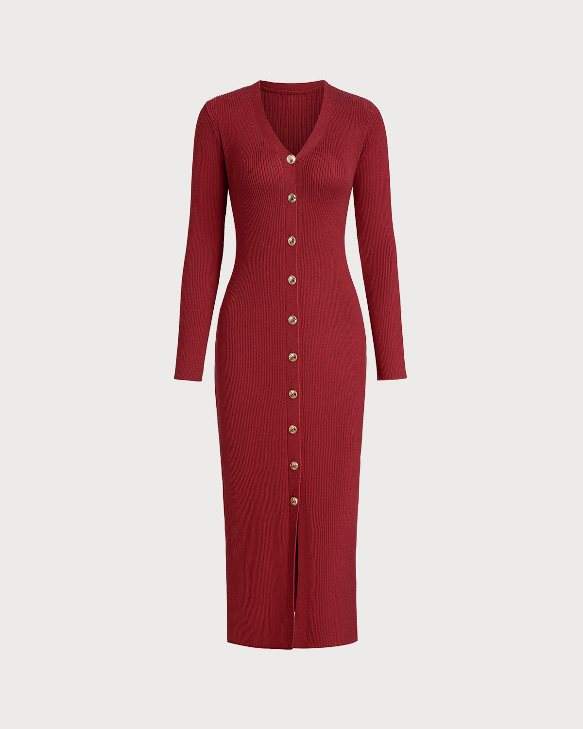 Wine Red V Neck Button Sweater Dress