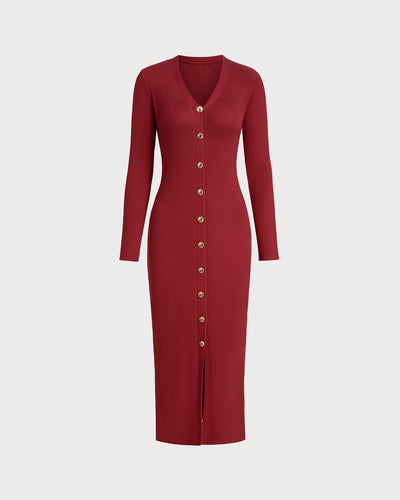 Wine Red V Neck Button Sweater Dress