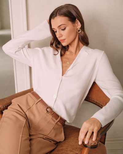 White V-Neck Single Breasted Sweater