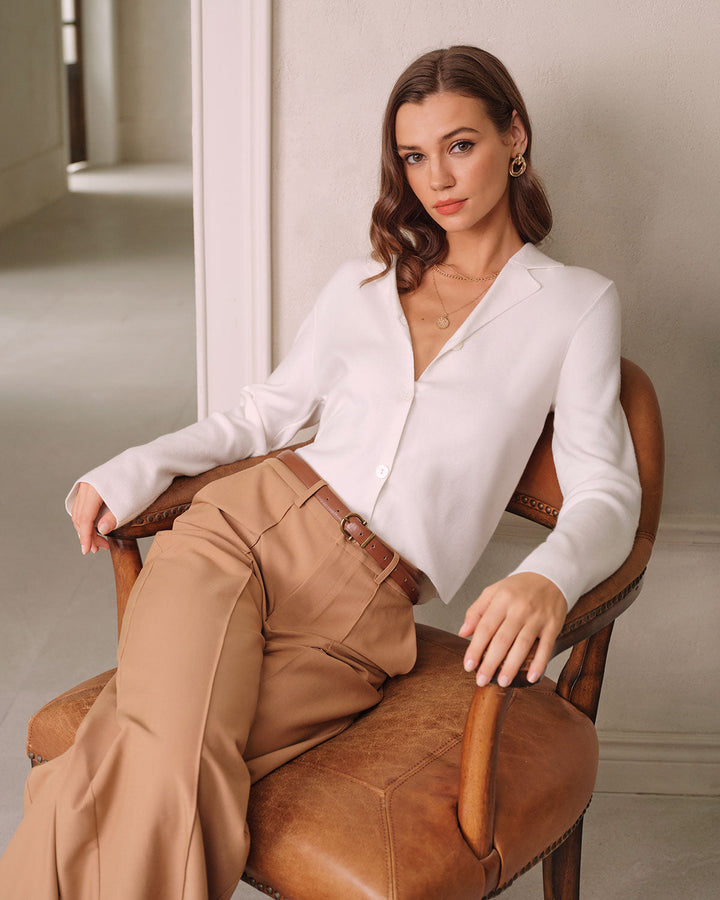 White V-Neck Single Breasted Sweater - Celestia Couture