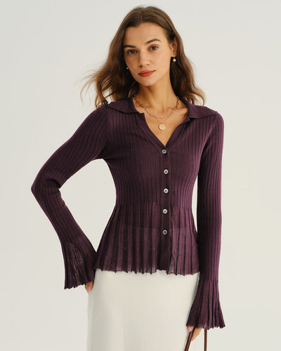 Purple Button Ribbed Knit Cardigan