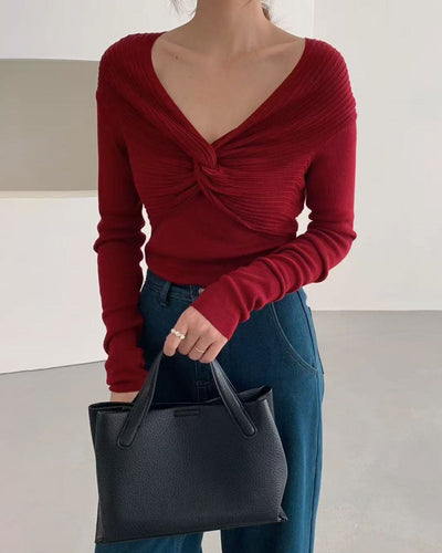 Red V Neck Twisted Knit Tee