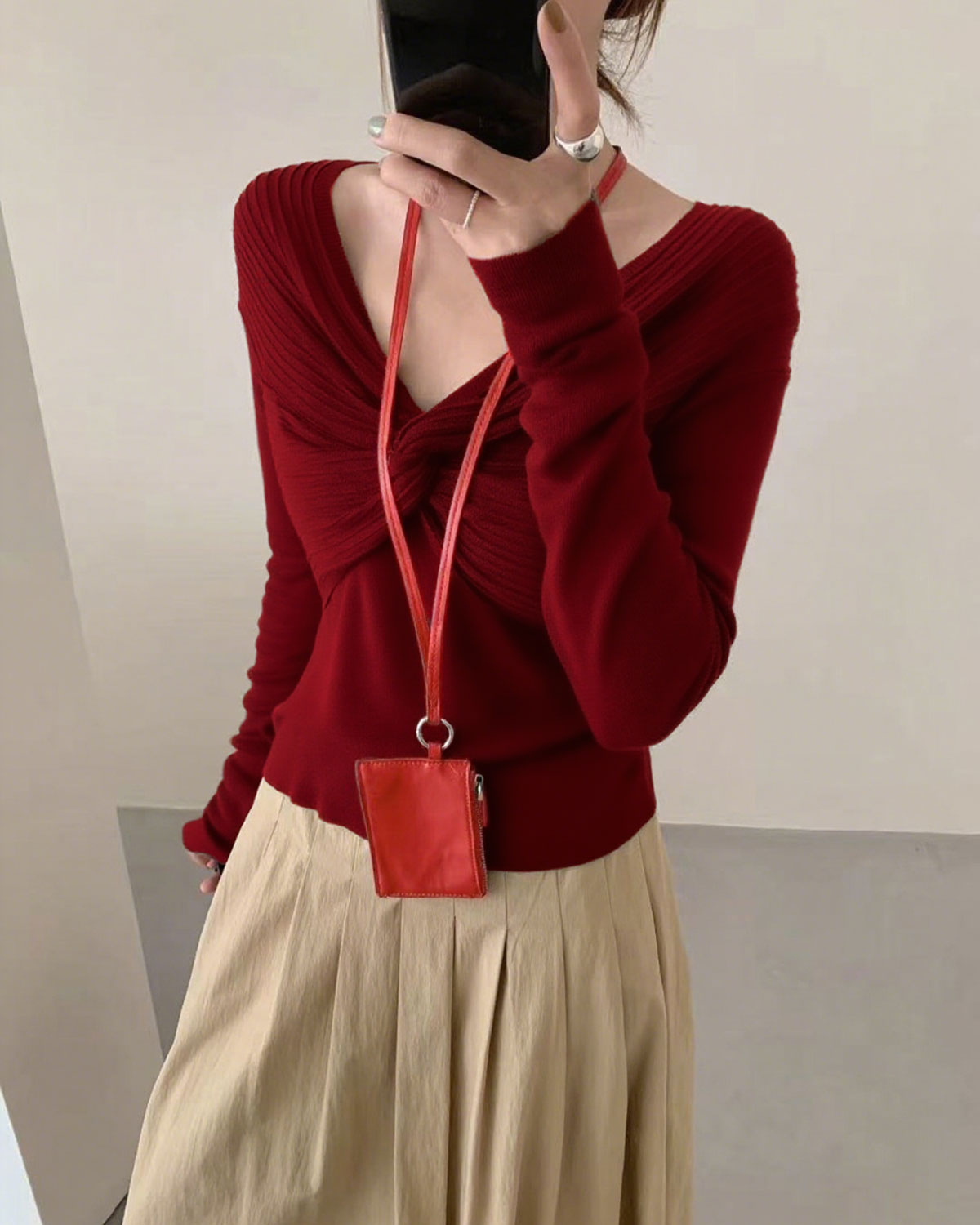 Red V Neck Twisted Knit Tee