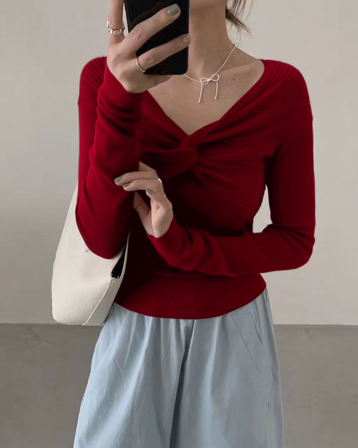 Red V Neck Twisted Knit Tee