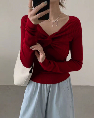 Red V Neck Twisted Knit Tee