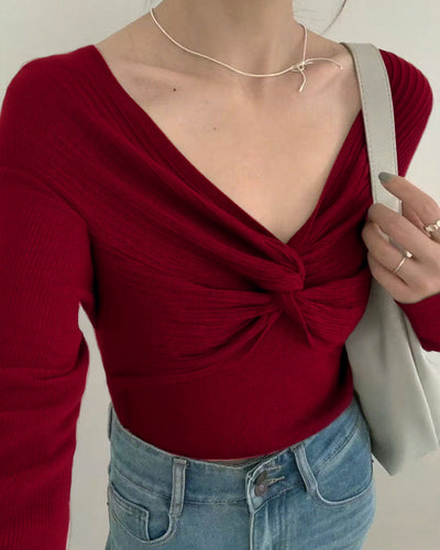 Red V Neck Twisted Knit Tee