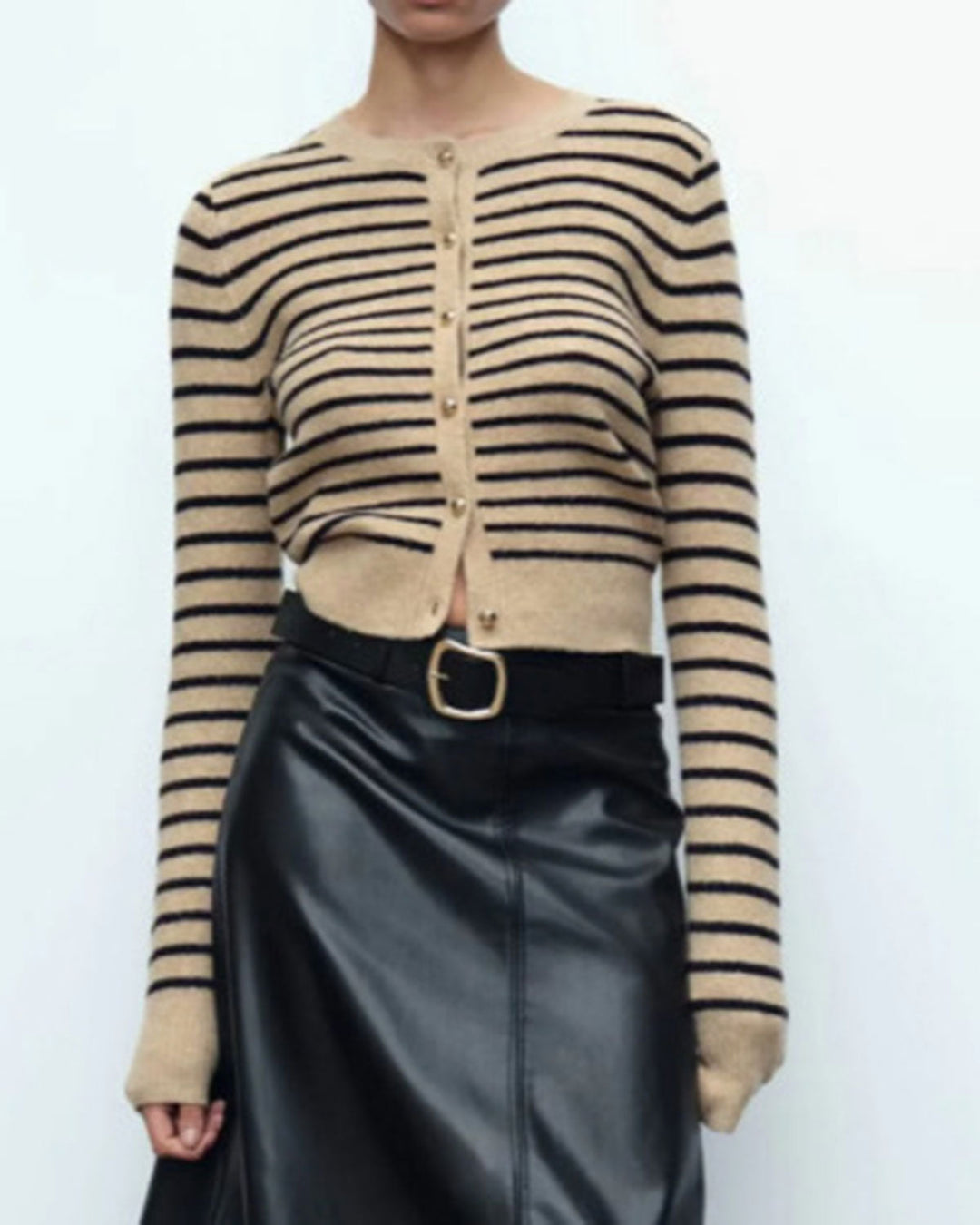 Khaki Striped Button Knit Cardigan - Celestia Couture