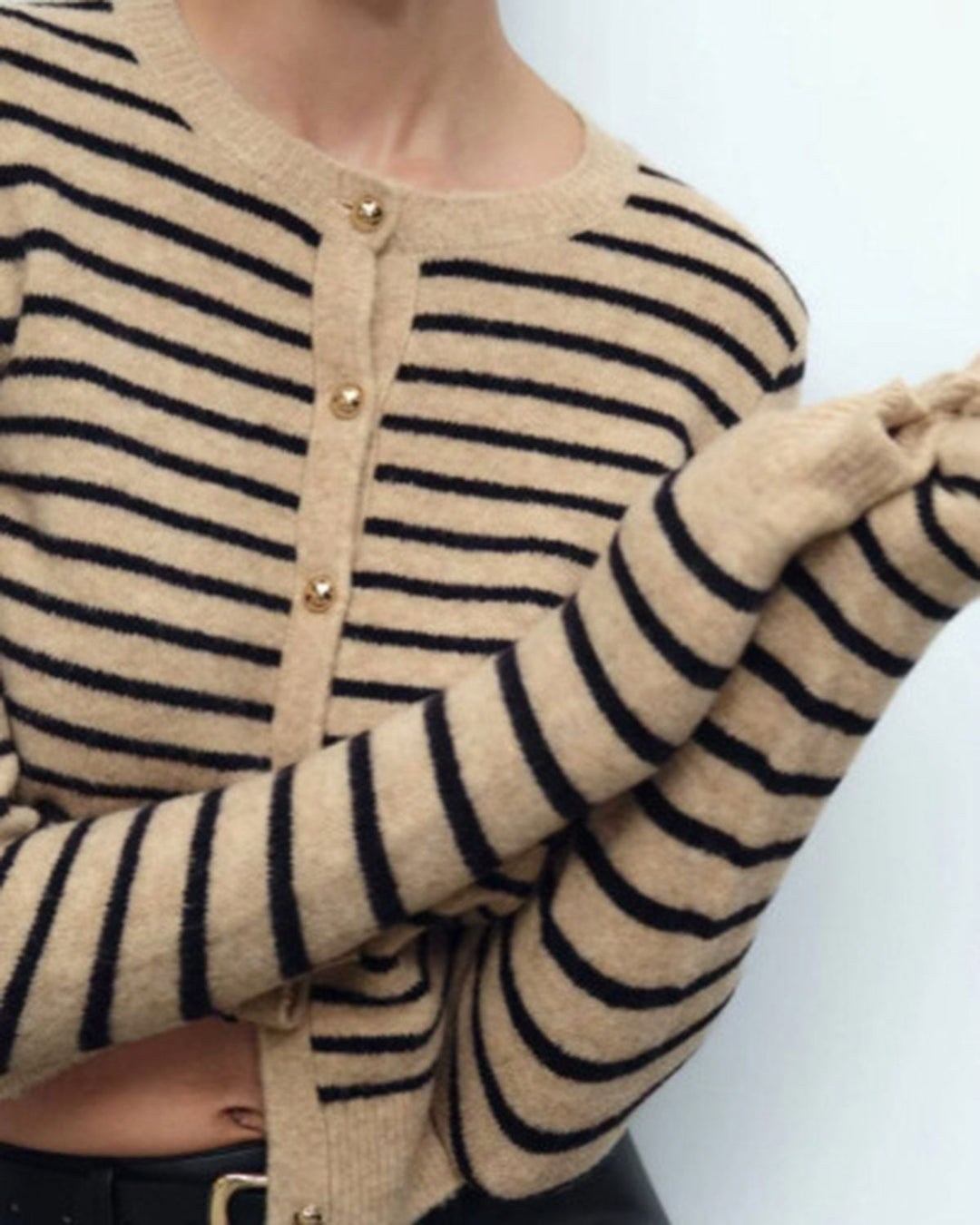 Khaki Striped Button Knit Cardigan - Celestia Couture
