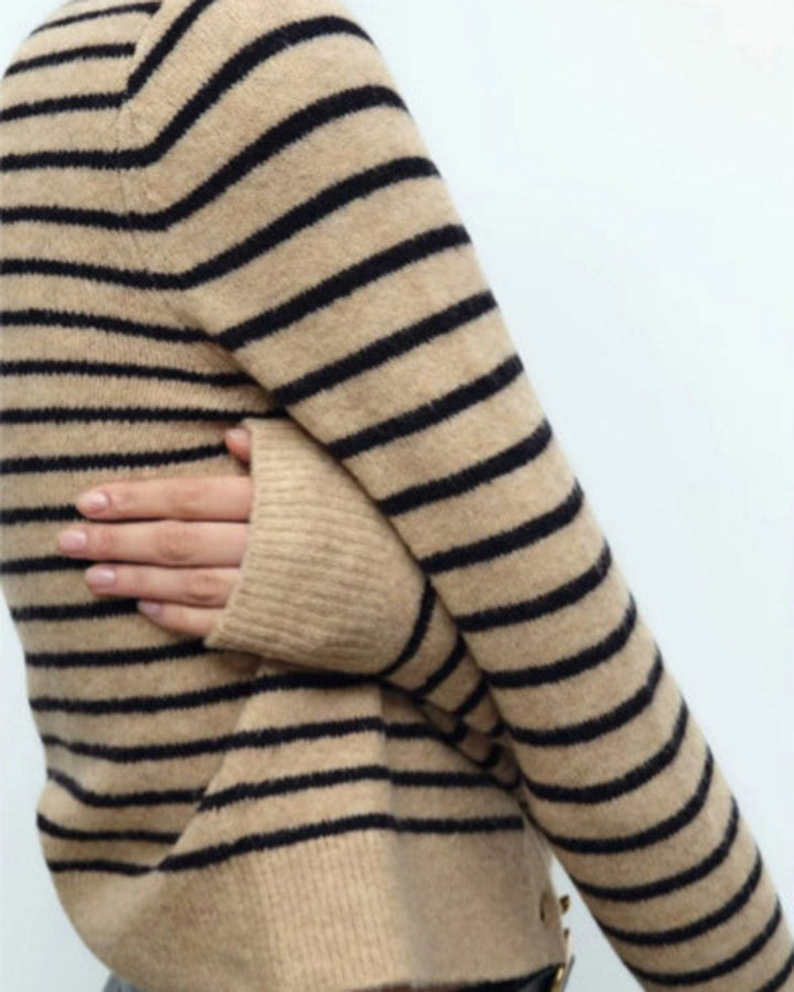 Khaki Striped Button Knit Cardigan - Celestia Couture