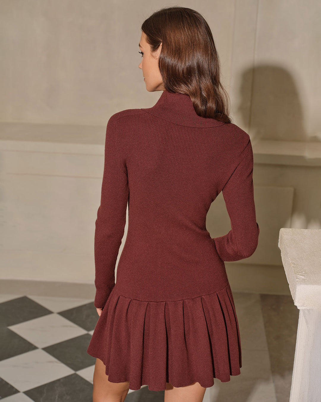 Coffee A-Line Pleated Sweater Dress - Celestia Couture