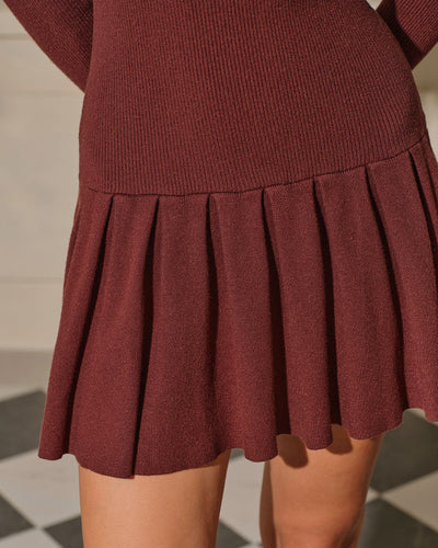 Coffee A-Line Pleated Sweater Dress
