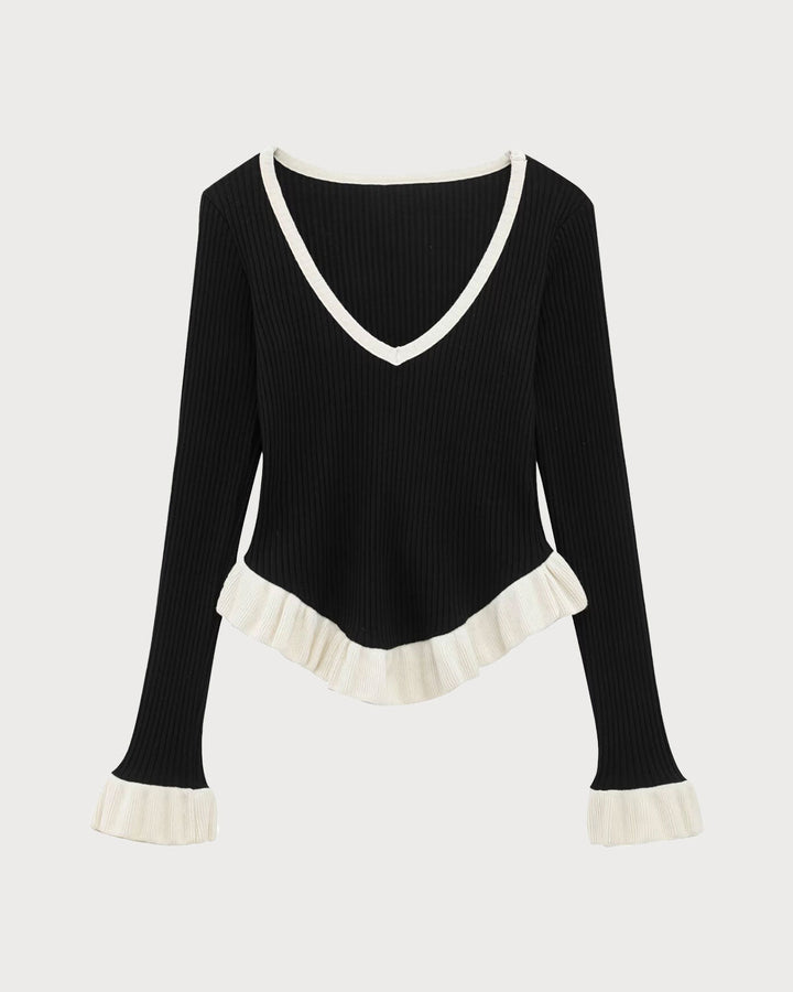 Black Contrasting Scoop Neck Tee - Celestia Couture