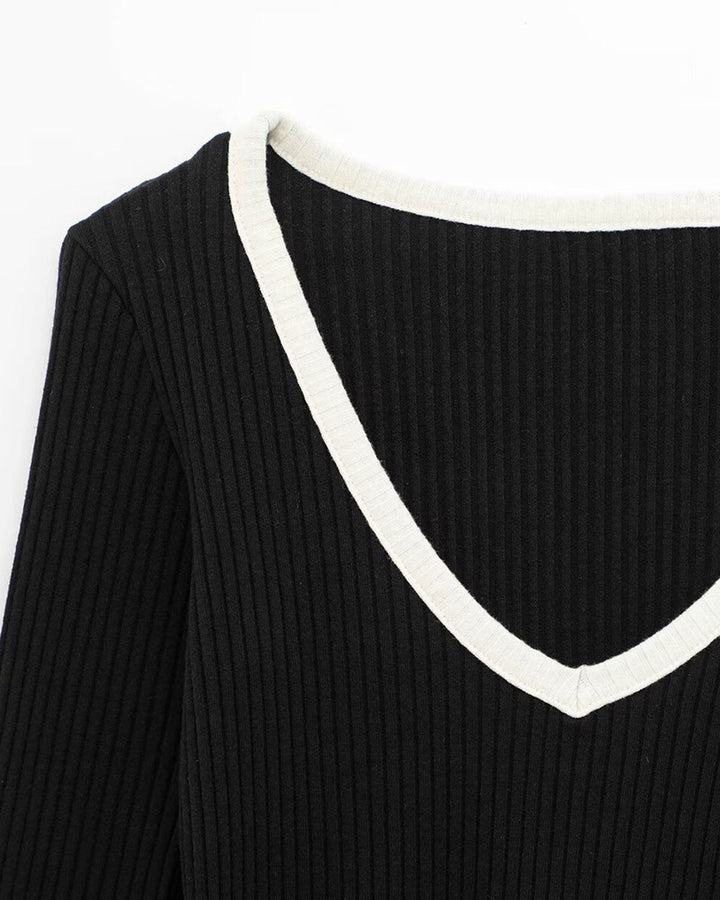 Black Contrasting Scoop Neck Tee - Celestia Couture