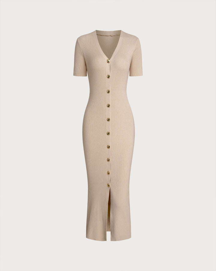 Apricot V Neck Bodycon Sweater Dress - Celestia Couture