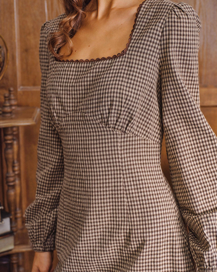 Brown Plaid Square Neck A-line Mini Dress - Celestia Couture